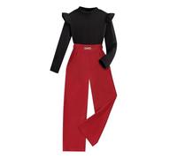 Girls Casual Outfits Set Round Neck Long Sleeve Top with Wide Leg Pants Solid Color Toddler Girls Clothes Comfortable Playwear (Red, 5-6 Years)