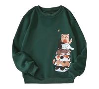 Girls Cat Graphic Hoodie Sweatshirt Cosy Pullover Long Sleeve Soft Comfortable Jumper Top for School Everyday Play Cute Casual Wear (Green, 7-8 Years)