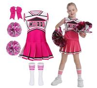 Girls Cheerleader Costume 5 PCS Classic Style Kids Cheerleader Outfit with Pull Ring Pom Poms, Top, Skirt, Stockings and Headband for 2026 World Book Day Halloween School Events(Rose Red, 8-9Y )