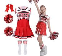 Girls Cheerleader Costume 5 PCS Classic Style Kids Cheerleader Outfit with Pull Ring Pom Poms, Top, Skirt, Stockings and Headband for 2026 World Book Day Halloween School Events(Red, 6-7Y )
