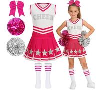 Girls Cheerleader Costume 5 PCS Shiny Star Style Kids Cheerleader Outfit with Pull Ring Pom Poms, Top, Skirt, Socks and Headband for 2026 World Book Day Halloween School Events (Rose Red, 3-4Y )