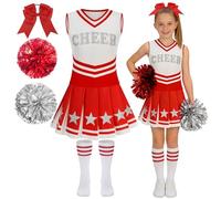 Girls Cheerleader Costume 5 PCS Shiny Star Style Kids Cheerleader Outfit with Pull Ring Pom Poms, Top, Skirt, Socks and Headband for 2026 World Book Day Halloween School Events (Red, 8-9Y )