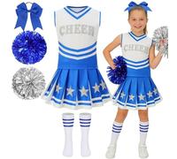 Girls Cheerleader Costume 5 PCS Shiny Star Style Kids Cheerleader Outfit with Pull Ring Pom Poms, Top, Skirt, Socks and Headband for 2026 World Book Day Halloween School Events (Blue, 10-11Y )