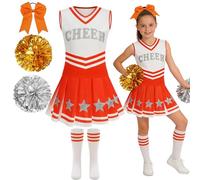 Girls Cheerleader Costume 5 PCS Shiny Star Style Kids Cheerleader Outfit with Pull Ring Pom Poms, Top, Skirt, Socks and Headband for 2026 World Book Day Halloween School Events (Orange, 12-14Y )
