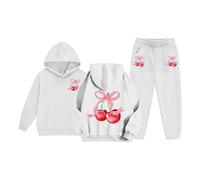 Girls Cherry Tracksuit Set Kids Cute Bow 2 Piece Outfit Teens Back To School Sweatsuit Oversized Pullover Hoodie Joggers Set Hooded Sweatshirt Baggy Sportswear (White, 11-12 Years)