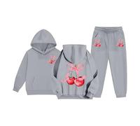 Girls Cherry Tracksuit Set Kids Cute Bow 2 Piece Outfit Teens Back To School Sweatsuit Oversized Pullover Hoodie Joggers Set Hooded Sweatshirt Baggy Sportswear (Grey, 13-14 Years)