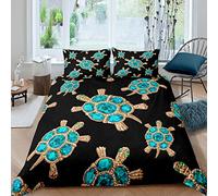 Girls Chic Sea Turtle Bedding Set Women Luxury Reptile Comforter Cover for Kids Teens Golden Blue Gem Diamond Duvet Cover Ocean Marine Underwater Animal Bedspread Cover Black Decor Single Size