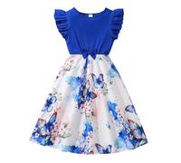 Girls Chiffon Butterfly Print Dress - Ruffle Cap Sleeve, Elastic Waist, Ribbon - Perfect Summer Party Dress for Kids, Flower Girl, Ages 7-12 Stylish Clothing for Special Occasions (Blue, 9-10 yrs)