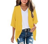 Girls Chiffon Cardigans 3/4 Sleeves Beach Cover Up 50+ UV Loose Open Front Lightweight Cute Summer Plain Puff Sleeve Kimono Cardigan for Teen Girls Trendy Casual Blouse Tops (Yellow, 13-14 Years)