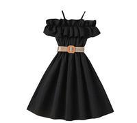 Girls Chiffon Dresses Summer Sleeveless Spaghetti Straps One Shoulder Solid Color Dress with Belt A-line Sundress Toddler Girl Dresses Princess Sundress Summer Clothes Outfits 6-13 Years