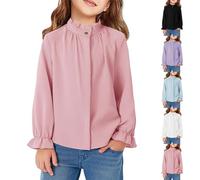 Girls Chiffon Puff Long Sleeve Blouse Elegant Crewneck Plain T Shirt Button Down Pullover Tops Baggy Casual Fashion Clothes Trendy Basic Blouse (Purple, 8-10 Years)