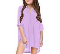 Girls Chiffon Swim Cover Up Long Sleeve Solid Color V Neck Kids Beach Rash Guard Bathing Suit Maxi Long Shirt Dress Plain Swimwear Coverup (Purple, 10-11 Years)