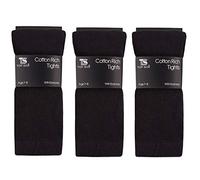 Girls Childrens 3 Pairs Plain Tights Back To School Everyday Cotton Rich Leggings Black 11-12