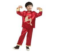 Girls Chinese Style Clothing Kung Fu Outfits 2pcs/Set Kids Tang Suit Traditional Dragon New Year Stand Collar Long Sleeves Top Elastic Waist Pants Red 90