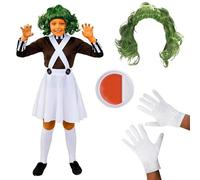 Girls Chocolate Factory Worker Costume Set With Wig Gloves Face Paint | brown top striped collar, white dungaree skirt, green wig, white gloves, face paint set