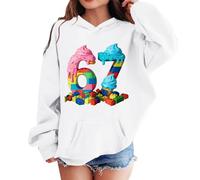 Girls Christmas 67 Hooded Sweatshirt Long Sleeve Pocket Cute Cartoon Graphic Print Pullover Hoodies for Kids Six Seven Xmas Hoodie Tops Boys School Casual Outerwear (A01-White, 18-24 Months)