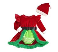 Girls Christmas Costume Red Velvet Long Sleeve Dress with Matching Hat Festive Holiday Outfit Soft Touch Two Piece Set Party Wear Sparkle Trim Holiday Attire for Age 1 to 18 Months