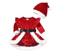 Girls Christmas Costume Red Velvet Long Sleeve Dress with Matching Hat Festive Holiday Outfit Soft Touch Two Piece Set Party Wear Sparkle Trim Holiday Attire for Age 1 to 18 Months