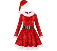 Girls Christmas Dress Christmas Costume Mrs Santa Claus Outfit kids Xmas Fancy Dress with Hood and Belt Cosplay Suit