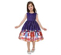 Girls Christmas Dress Kids Fancy Reindeer Print Xmas Dresses Festival Party Carnival Prom Gown Blue 8-9 Years