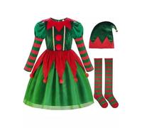 Girls' Christmas Elf Costume Dress With Striped Socks & Pointed Jingle Hat | Festive Jingle Bell Collar Trim, Complete 3-Piece Holiday Suite, Primary School Nativity Recitals, Pantomime Outfits