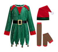 Girls Christmas Elf Costume for Kids, Santa's Helper Costume Elf Dress with Elf Hat Shoes Belt Striped Stockings Girls Carnival Xmas Festive Christmas Fancy Dress Up Outfit Green 10-11 Years
