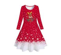 Girls Christmas Long Sleeve Skater Dress Xmas Santa Penguin Snowflake Reindeer Printed Comfortable Party Wear Festive Dresses Age 4-10 Years