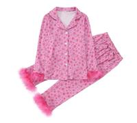 Girls Christmas Pyjamas Set Cute Printed Long Sleeve Top and Trousers Festive Holiday Pajamas Two-Piece Outfit for Kids (Red-B, 12T（160）)