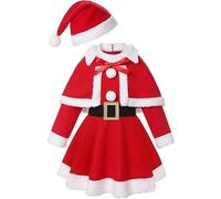Girls Christmas Santa Costume Festive Long Sleeve Dress with Shawl Hat Belt Xmas Party Holiday Outfit for Toddler Kids (Red, 2-3 Years)
