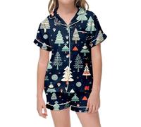 Girls Christmas Satin Outfit Set Dinosaur Deer Print Two Piece Short Sleeve Loungewear with Button Down Top and Shorts Baby Girl GiftChristmas Dress UpBaby Reindeer CostumeElf Costume Kids