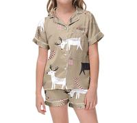 Girls Christmas Satin Outfit Set Dinosaur Deer Print Two Piece Short Sleeve Loungewear with Button Down Top and Shorts Baby Girl GiftChristmas Dress UpBaby Reindeer CostumeElf Costume Kids