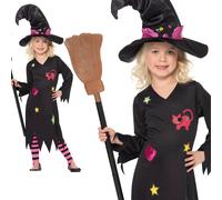 Girls Cinder Witch Costume & Hat & Tights Scary Halloween Fancy Dress 1-6 Years