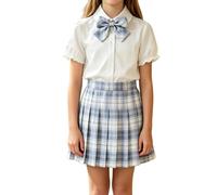 Girls Classic JK School Uniform 2 Piece Matching Set, Short Sleeve Collared Shirt Decorated with Fabric Bow, Stretchy Neat Pleated Skirt for Regular Daily Lessons(Light Blue, 9-10 Years)