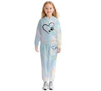 Girls Clothes 2 Piece Outfit Long Sleeve Heart Print Sweatshirt Top and Pants Set Soft Comfy Playwear Ages 3-13 Light Blue