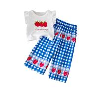 Girls Clothes 2 Piece Summer Outfit Fly Sleeve Strawberry Print Top with Plaid Pants Set Casual