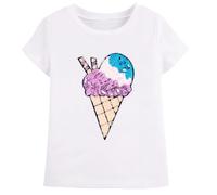 Girls Clothes White T-Shirt with 3-Tone Ice Cream Reversible Sequin, Short Sleeve Crew Neck Summer Top, Casual Toddler Girls Tee Age 4