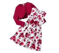 Girls' Clothing Outfits Set Casual Fall Printed Dress with Long Sleeve Jacket Toddler Clothes for Everyday Wear Big Kids Autumn Fashion Cardigan (Red-b, 9-10 Years)