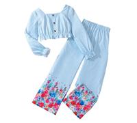 Girl's Clothing Set Ribbed Long Sleeve Crop Top Plain Shirts Bell Bottoms Flare Pants Set Fall Winter Outfits Long Sleeve Sweatshirt Top and Pants Set (Blue, 9 Years)