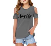 Girls Cold Shoulder Tops Short Sleeve Tee Casual Summer Blouse Cute Shoulder Cut Out Shirt for Kids Age 3-12 (10-Grey, 11-12Years)