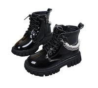 Girls Combat Boots, Glossy Lace Up Ankle Style with Chain and Bead Trim | Glossy upper, lace-up front and decorative chain with pearl-look beads create an ankle style for school and casual daily wear
