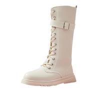 Girl's Combat Boots Lace up Metal Buckle Designs Punk Goth Booties with Zip | Vintage Faux Leather Knne High Mid Calf Lug Sole Waterproof White Boots Classic Fall Victorian Costume Knight Riding Booties