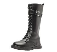 Girl's Combat Boots Lace up Metal Buckle Designs Punk Goth Booties with Zip | Vintage Faux Leather Knne High Mid Calf Lug Sole Waterproof White Boots Classic Fall Victorian Costume Knight Riding Booties