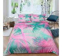 Girls Comforter Cover Set For Teens Woman Kids,Tropical Leaves Bedding Set Girly,Botanical Bedspread Quilt Cover Pastel Pink Green Palm Trees,Decor 3 Pcs Duvet Cover King Size & Zipper Ties