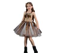 Girls Cosplay Princess Costume Indian Cavegirl Costume Ruffle Tulle Dress and Hair Bow Role Play Costume for Kids Girls Brown XL/8-9Y