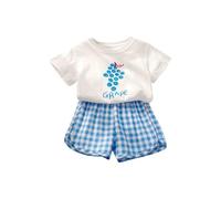 Girls Cotton 2 Piece Summer Outfits Cute Printed T-Shirt Sets Gingham High Waist Shorts Suits Short Sleeve Crew Neck Top Casual Beach Sport Clothing Sets Active Clothes (Blue, 6-12 Months)