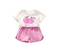 Girls Cotton 2 Piece Summer Outfits Cute Printed T-Shirt Sets Gingham High Waist Shorts Suits Short Sleeve Crew Neck Top Casual Beach Sport Clothing Sets Active Clothes (Pink, 6-12 Months)