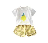 Girls Cotton 2 Piece Summer Outfits Cute Printed T-Shirt Sets Gingham High Waist Shorts Suits Short Sleeve Crew Neck Top Casual Beach Sport Clothing Sets Active Clothes (Yellow, 3-4 Years)