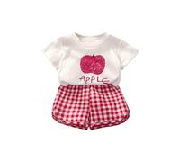 Girls Cotton 2 Piece Summer Outfits Cute Printed T-Shirt Sets Gingham High Waist Shorts Suits Short Sleeve Crew Neck Top Casual Beach Sport Clothing Sets Active Clothes (Red, 3-4 Years)
