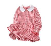 Girls Cotton Dress Peter Pan Collar Gingham Dress Button Front Ruffle Cuff Long Sleeve Dresses Soft Cotton Breathable Shirt Dresses for Kids School Days Daily Wear Red 3 Years
