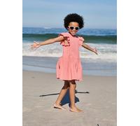 Girls' cotton gauze dress with short embroidered sleeves coral